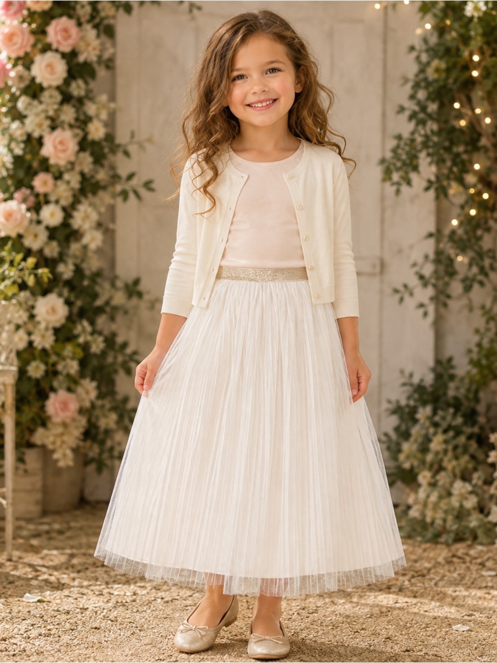 Cat & Jack Girls XS 4/5 White Tulle Pleated Midi Skirt Gold Waist